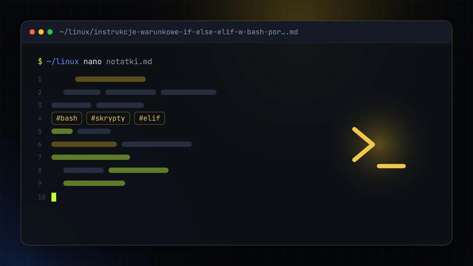 Ilustracja do artykułu „Bash if, elif, else — instrukcje warunkowe w skryptach z przykładami” — okno edytora z ikoną działu Linux i DevOps